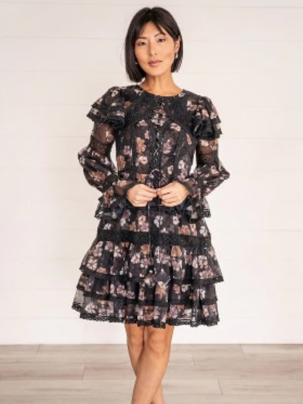 Ivy City Co Farrah Dress Black Dress with Dusty Rose Floral Accents Medium NWT